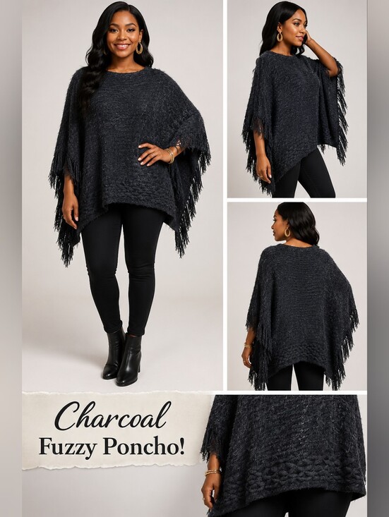 Sweaters - Black Textured Knit Poncho with Fringe Sides | Cozy Boho Fall & Winter Layer